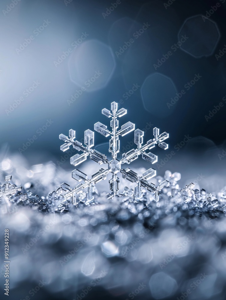 Poster extreme macro shot of a snowflake on dark background, intricate crystalline structure visible, shall