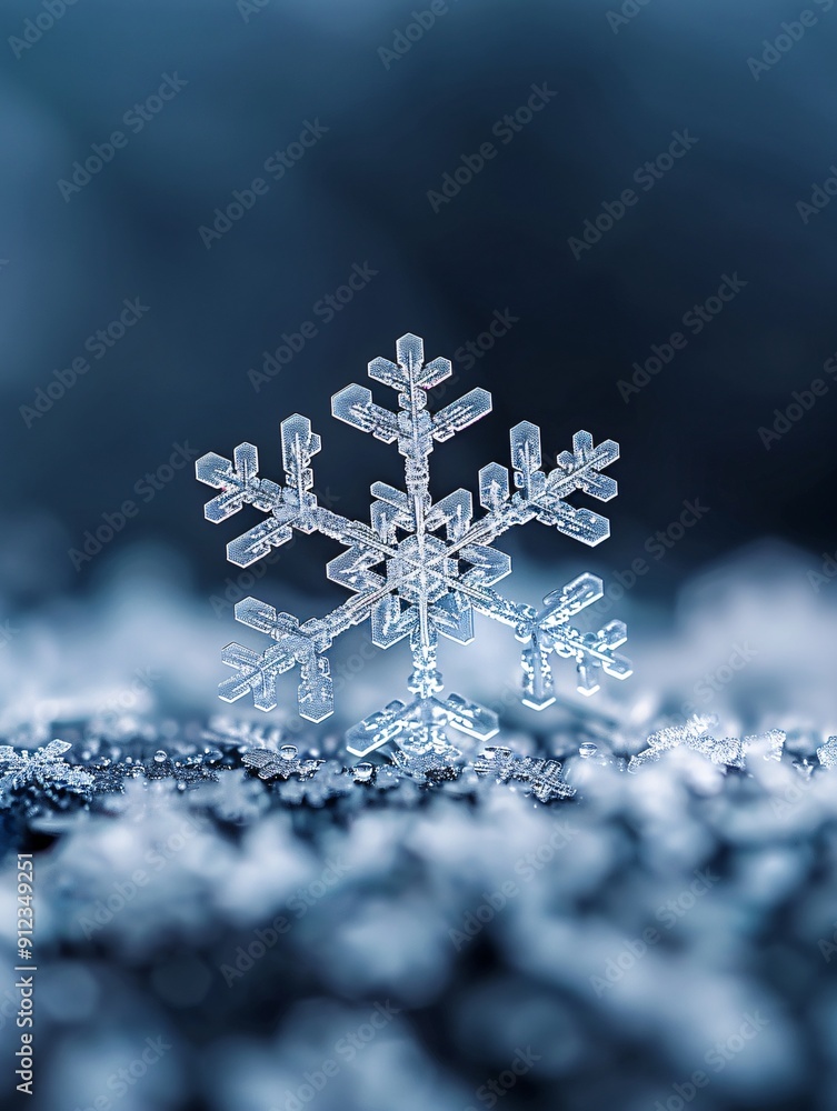 Poster extreme macro shot of a snowflake on dark background, intricate crystalline structure visible, shall