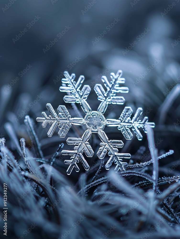 Poster extreme macro shot of a snowflake on dark background, intricate crystalline structure visible, shall
