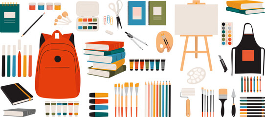 set backpack, books, paints, pencils, colors in flat style vector