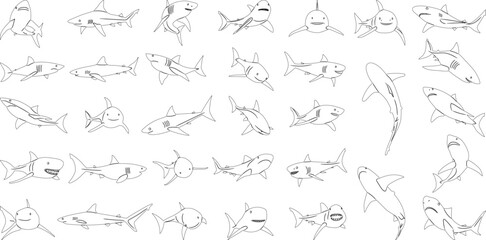 Obraz premium set of sharks in different poses outline, sketch on white background, vector
