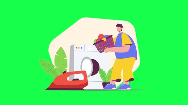 man cleaning clothes with vacuum cleaner vector illustration