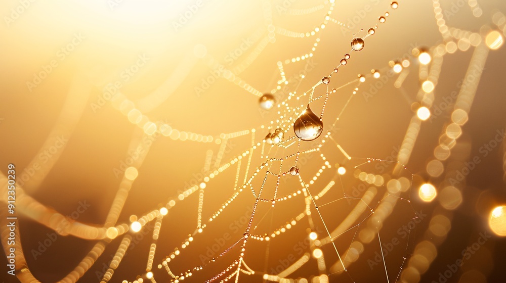 Poster hyper-realistic macro photograph of a dewdrop-covered spider web at dawn, golden sunlight refracting