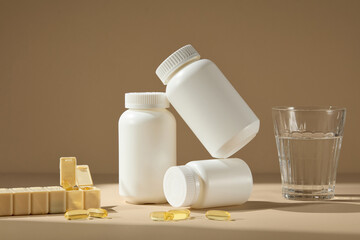 Dietary supplements advertising photo with mockup bottles, decorated with a glass of water, pill box and yellow capsules, over brown background. Supplements can provide daily essential nutrients