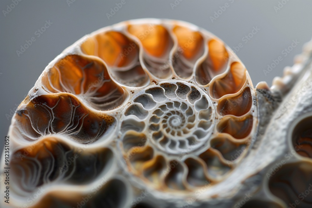 Poster ultra-detailed image of a fossilized ammonite, spiral chambers and suture patterns in focus, mineral