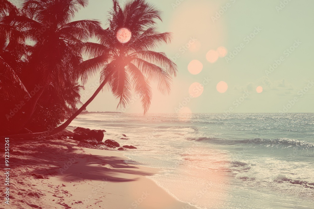 Poster a beach scene with a palm tree in the foreground and a body of water in the background. the image ha