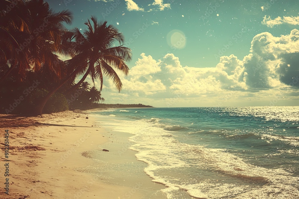 Poster a beach scene with palm trees and a cloudy sky. scene is calm and relaxing