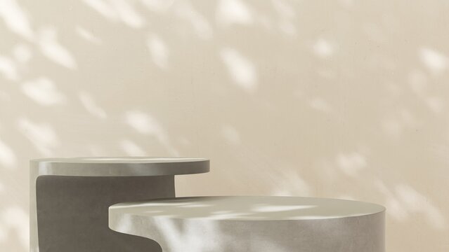 Fototapeta Two gray geometric round shape concrete cement table in dappled sunlight on cream white beige wall for beauty, cosmetic, skincare product podium background 3D