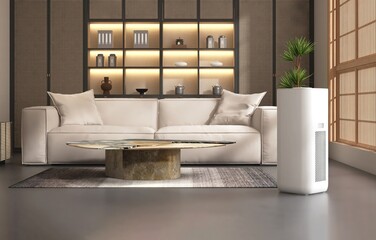 Modern, minimal air purifier in luxury oriental living room with sofa, coffee table, shoji window...