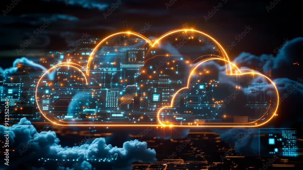 Poster advanced cloud computing visualization of digital data transfer across global networks at night