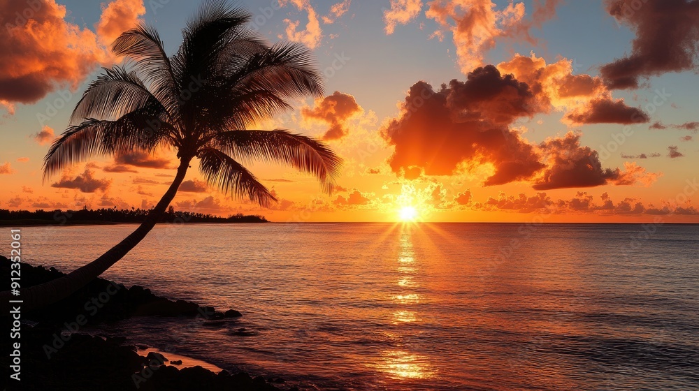 Wall mural a beautiful sunset over the ocean with a palm tree in the foreground. the sky is filled with clouds 