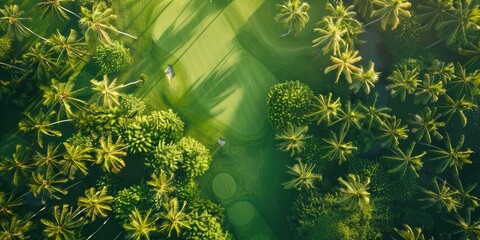 Aerial View of Green Golf Course with Coconut Palm Trees