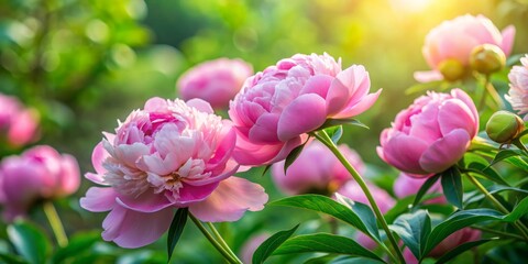 Obraz premium Delicate pink peony blooms amidst soft, blurred greenery, creating a serene atmosphere, perfect for gardening, landscaping, or floral product promotions in a lush, natural setting.