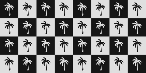 Seamless pattern with palm tree silhouette on black checkered background. Tropical design illustration for textile, wrapping paper, fabric, wallpaper, covering. Vector