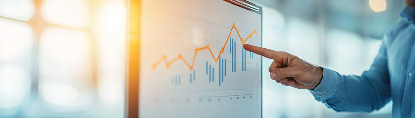 Fototapeta premium Business analysis in progress, individual pointing at a digital graph, showcasing fluctuating data trends, bright environment enhancing focus on the information shared.