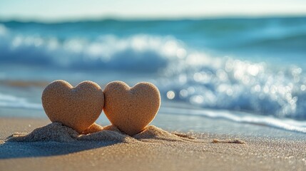 Two hearts are on the sand at the beach. The beach is calm and peaceful. The two hearts are small and round, and they are placed on top of the sand