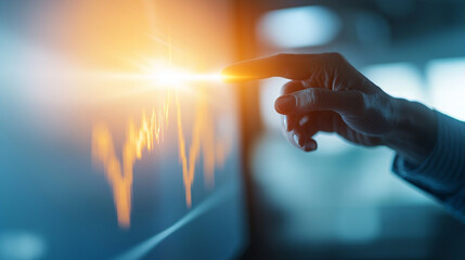 Hand reaching towards a digital screen showcasing dynamic financial data, representing engagement with technology and investment analysis in a modern workspace.
