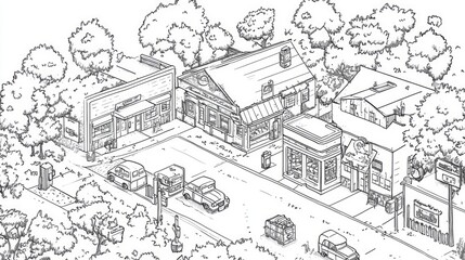 Fototapeta premium Intricate map of a village gas station, designed in a coloring book style with black and white lines.