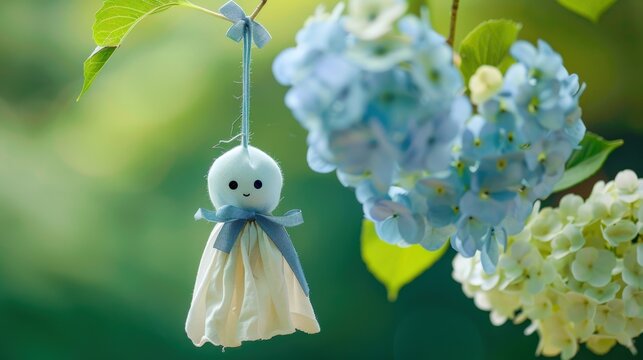 Rain doll Teru teru bouzu on green nature background