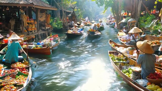 A floating market where vendors sell food on boats.