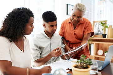 Office, tablet and woman with couple in meeting for finance budgeting, information and advice. Financial advisor, documents and people with contract at desk for loan agreement, investment and review