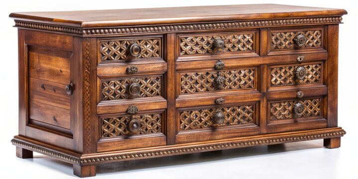 Richly grained Sheesham wood chest drawer with intricate carvings, adorned with ornate metal hardware, adds warmth and elegance to any living room d&eacute;cor.