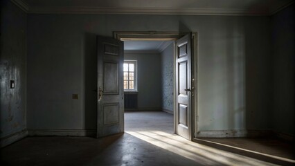 Dark empty room with light coming in through an open door, dark, empty, room, light, open door, interior, shadow