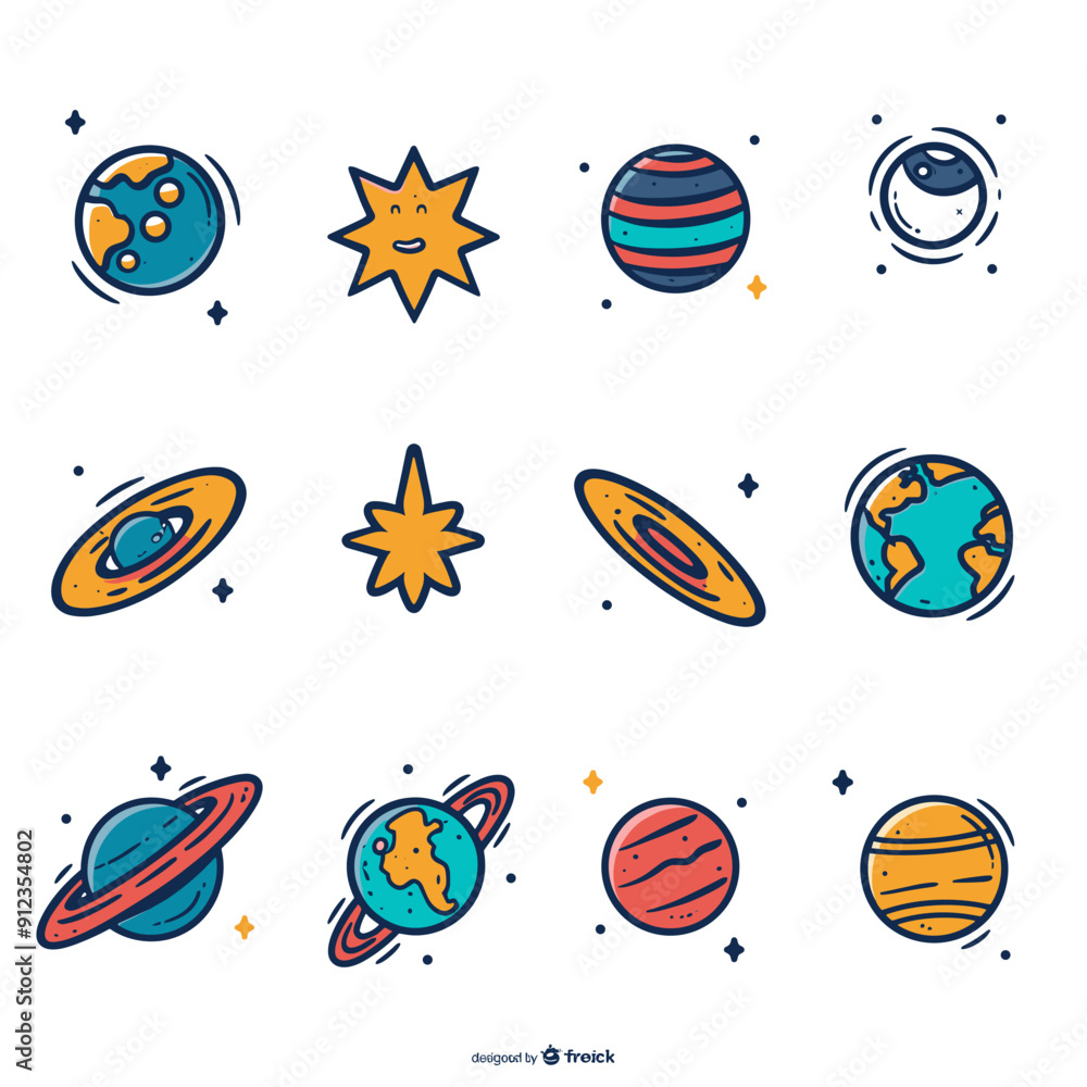 Poster set of space and planets icons in linear style. vector illustration