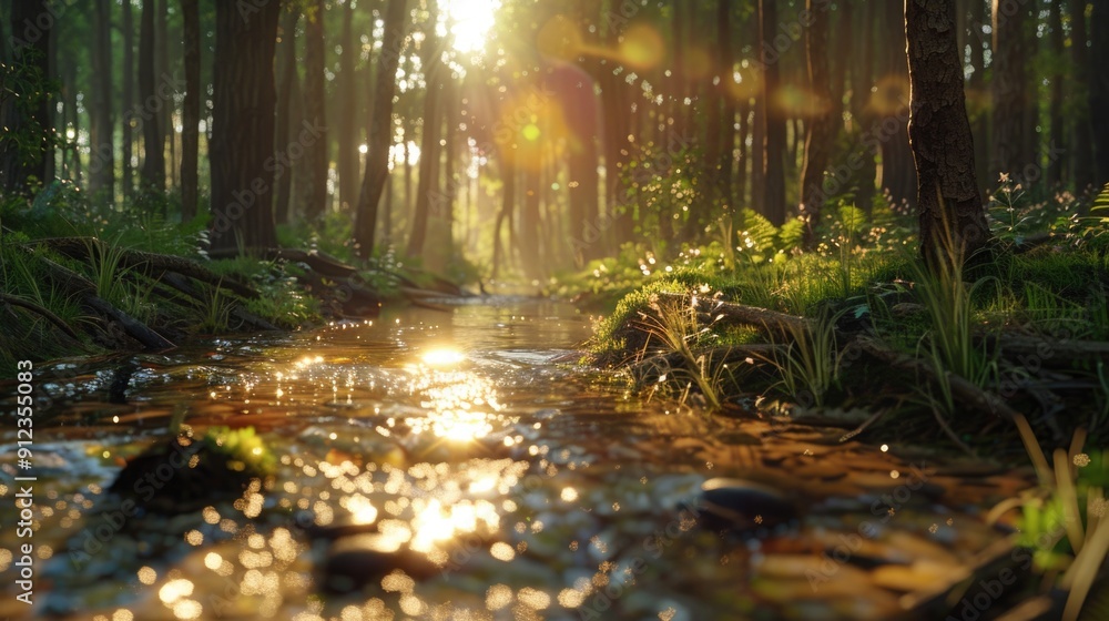 Poster a serene stream flowing through a dense and vibrant forest