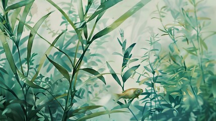 A serene image of grass in the water with fish