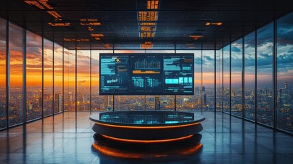 A modern control room with large digital screens displaying data and analytics, set against a panoramic view of a city at sunset.