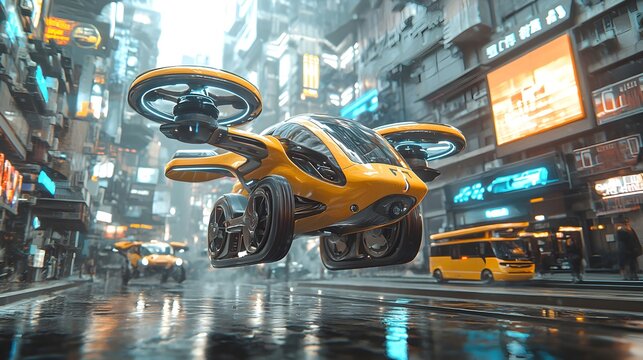 Flying Car In Cityscape.
