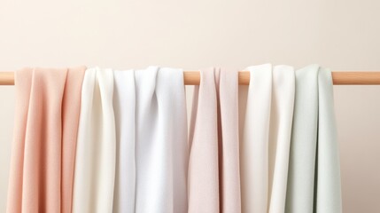Fototapeta premium A collection of soft Supima cotton fabrics in pastel colors, elegantly draped over a wooden frame, emphasizing their luxurious texture