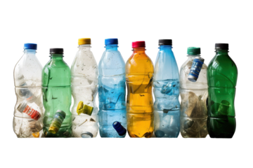 A Row of Colorful Plastic Bottles Filled With Debris on a White or Clear Surface PNG Transparent Background