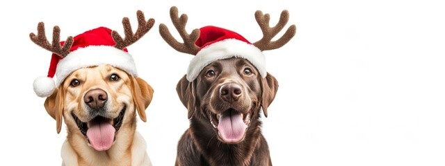 Merry Christmas holiday greeting card panorama - Set collection of funny labrador dog pet head with reindeer antlers and santa claus hat costume and tongue stuck out, isolated on white background
