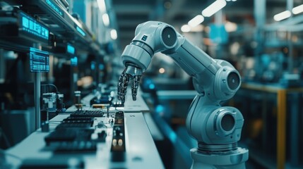A robotic arm working on an assembly line, precisely assembling electronic components in a high-tech, automated manufacturing environment.