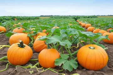 Vibrant pumpkin patch with ripe pumpkins growing amidst lush green leaves under a clear blue sky.