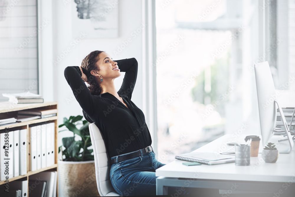 Wall mural Woman, office and employee to relax at desk, stretching and human resources manager for peace. Female person, rest and professional for break in workplace, calm and profile of worker for self care