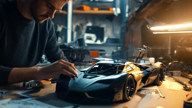 At a home office desk, an automotive Designer a car prototype model on a laptop, surrounded by design sketches.The scene highlights the intricate work of refining car designs and addressing technical 