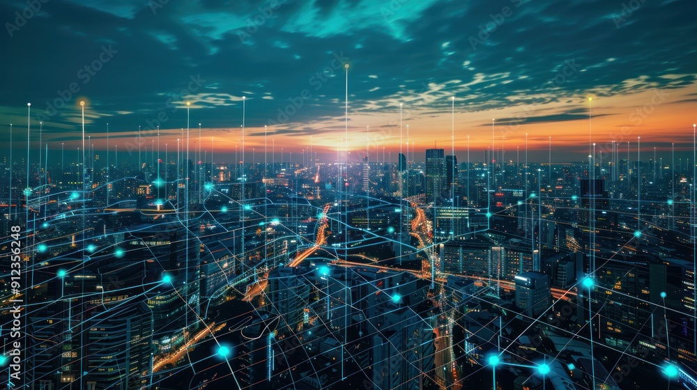 Poster A Nighttime Cityscape with an Overlay of Interconnected Lines, Representing Digital Networks