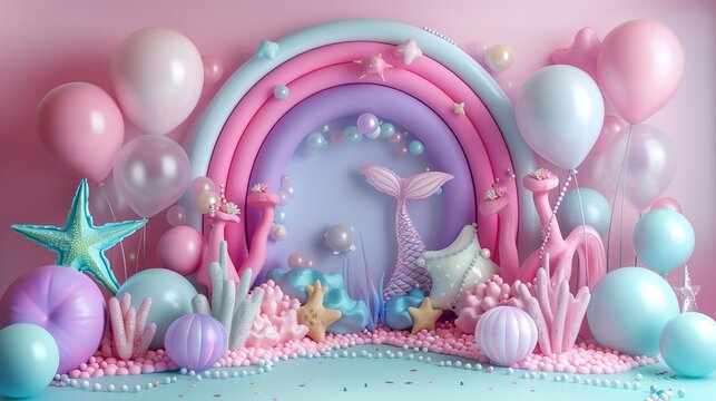 Vibrant Mermaid-Themed Birthday Party Decor Featuring Pastel Colors and Ocean Elements