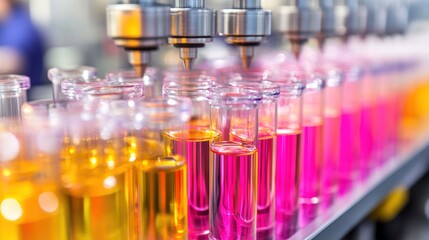 Automated Filling Machine Dispensing Colored Liquid into Glass Tubes
