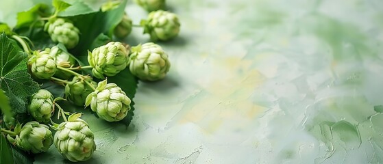 Illustration of adolescents green hops plants bearing fruits with empty spots among them on a neutral coloured blank landscape, Generative AI.