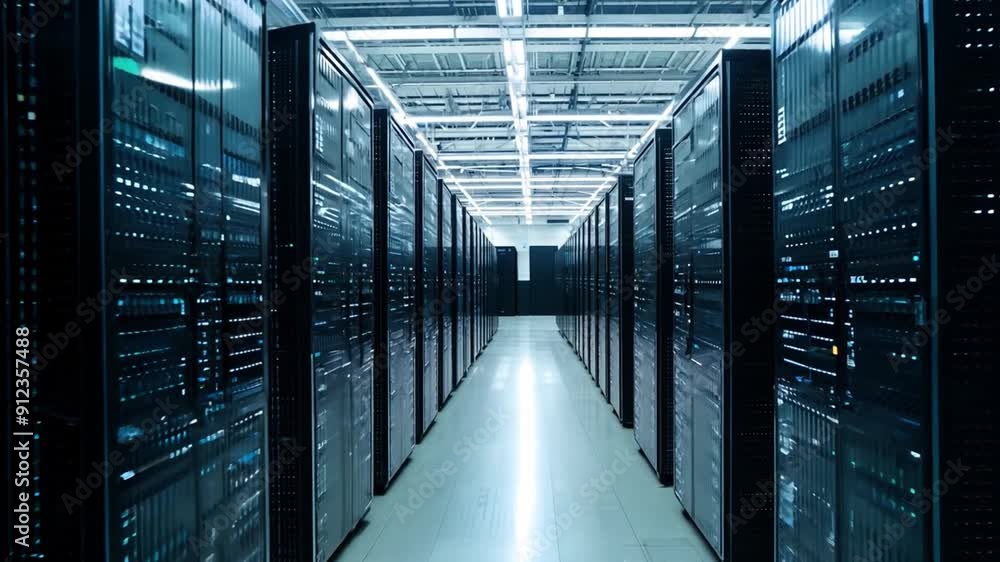 Poster rows of server racks showcase advanced technology and bright lighting in a data center during the ev
