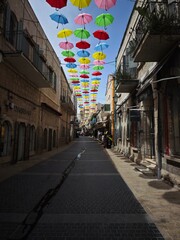 Street with umbrellas in Jerusalem