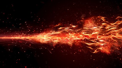 A jet of red fire burns with spreading sparks, creating a dramatic scene on a black dark background. This sharp contrast accentuates the power and warmth of the fire, providing an intense and stunning