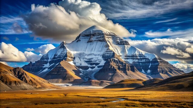 Majestic snow-capped Mount Kailash, a sacred Himalayan peak, towers above the serene landscape, with the distinctive Om-shaped Om Parvat formation in the distance, Tibet.