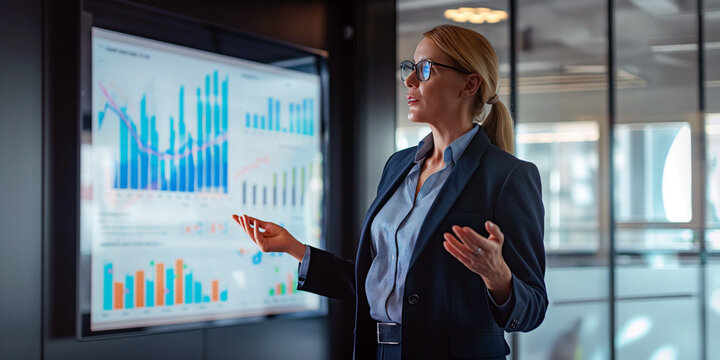 A professional woman is standing in front of a digital screen displaying colorful bar charts, engaged in a discussion or presentation in a modern office setting.