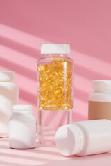 A clear bottle filled by yellow supplement capsules placed on glass podium, against on pink background. On both sides, displaying unlabeled medicine bottles, front view, blank space for designing
