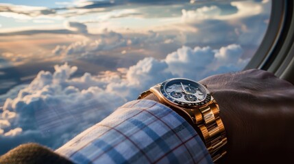 A close-up of a gold watch on a wrist, showcasing clouds and sunset outside an airplane window